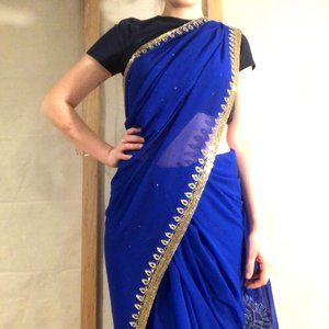 Royal blue saree with gold work